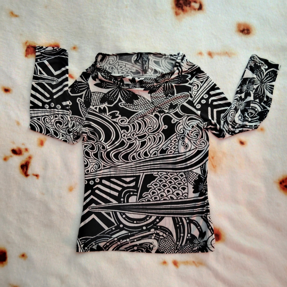 🖤3for25🖤 Vtg Y2K Funky Patterned 1/4 Sleeve Sheer Top